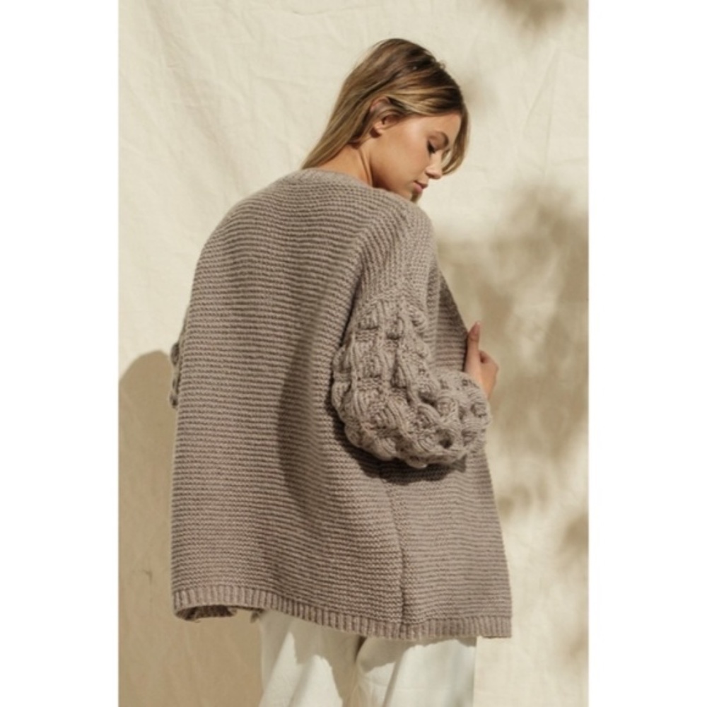 SOLD OUT Khaki Pompom Sleeve Knit Open Cardigan Sweater - Picture 5 of 6